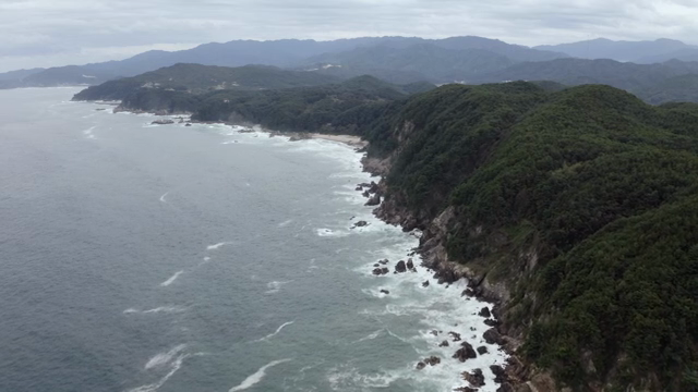 A scenic coastline with lush green hills