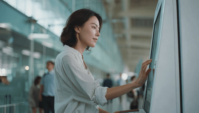 A woman using a kiosk at an airport