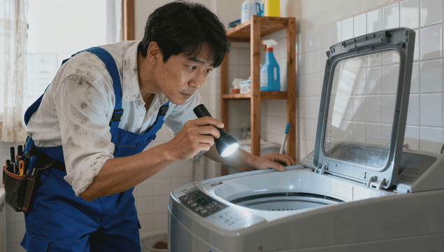 Technician inspecting a bathroom washing machine