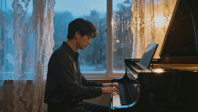 Man playing piano by a rainy window