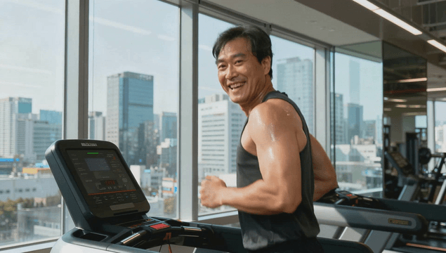 Middle-aged man smiling while running on treadmill at gym