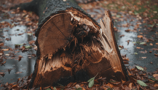 Fallen tree on a wet forest path