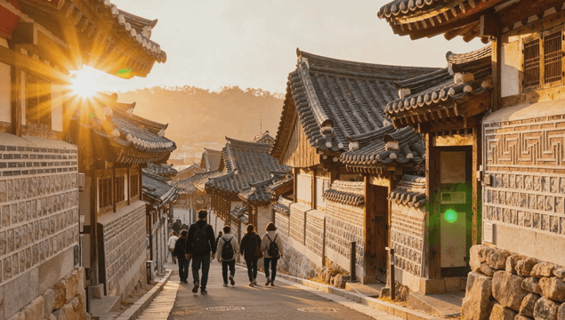 People strolling through a traditional hanok village street at sunset