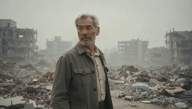 Elderly man stands amidst ruins