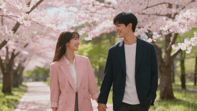 Couple walking along a park path under cherry blossoms