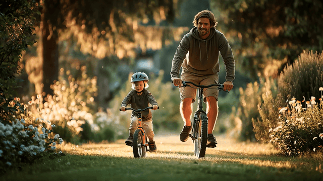Father and child cycling through a sunlit forest