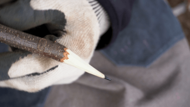 Hand holding a carved wooden branch pencil