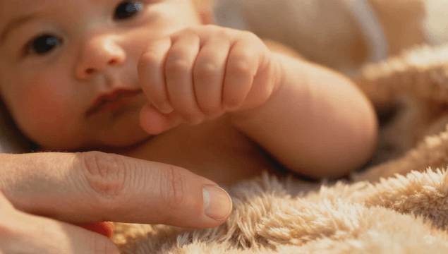 Newborn baby holding an adult's finger