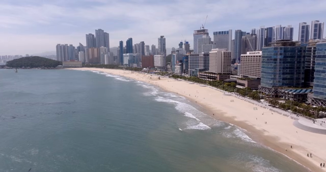 A bustling city skyline by the beach