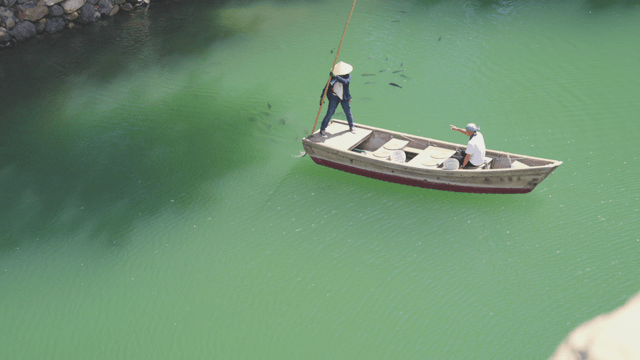 Two people fishing on a boat in a green river