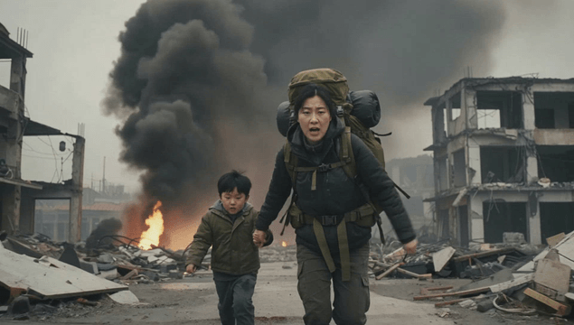 Mother and child running in a war-torn town