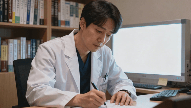 사무실에서 메모를 작성하는 의사