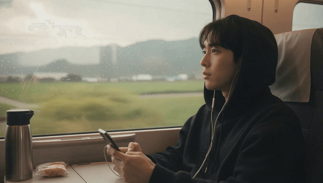 기차에서 이어폰을 끼고 스마트폰을 보는 젊은 남성