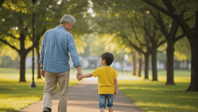 Grandfather and child walking hand in hand in a park
