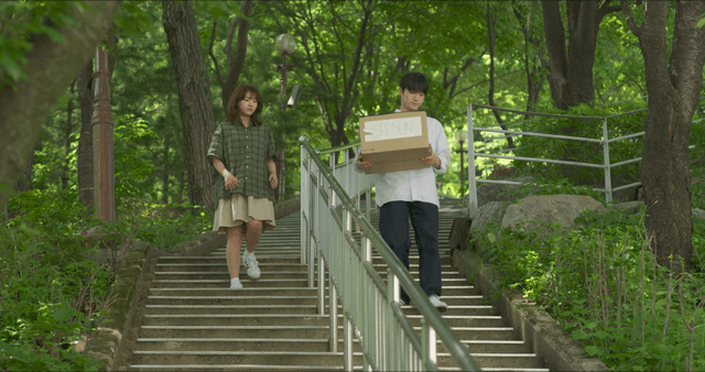 Couple walking down stairs in a park