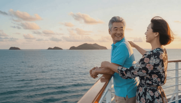 Middle-aged couple enjoying the sunset on a cruise