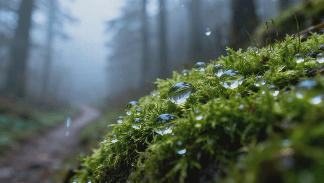 Dew droplets on moss in foggy forest