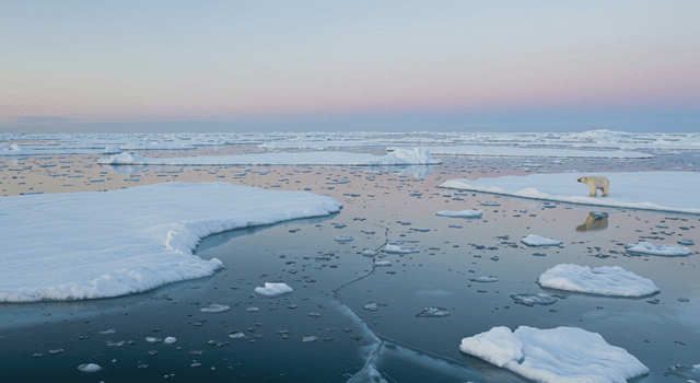 Piece of glacier with a polar bear on the vast sea