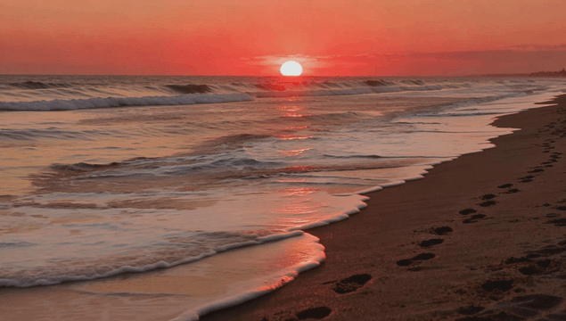 Footprints on a quiet sunset sand beach