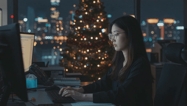 Late night work in office with christmas tree