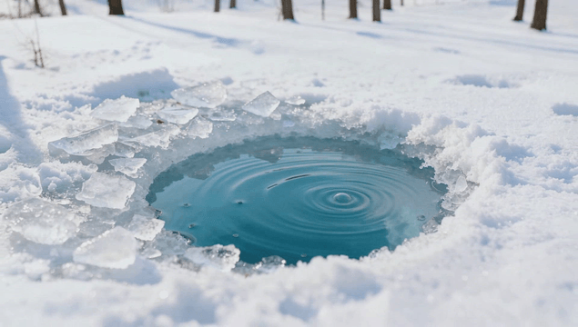 숲속 물결이 이는 얼음 구멍