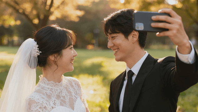 Newlyweds taking a wedding selfie in a sunlit park