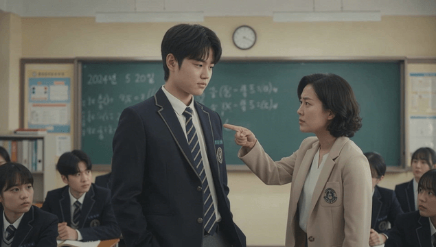 교실에서 주머니에 손 넣고있는 남학생을 꾸짖는 여자 선생님