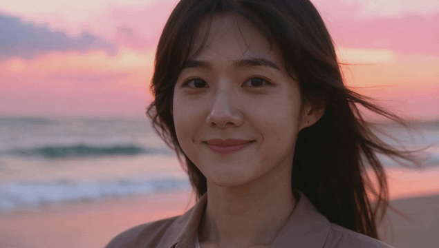 Smiling young woman facing the camera on a sunset beach