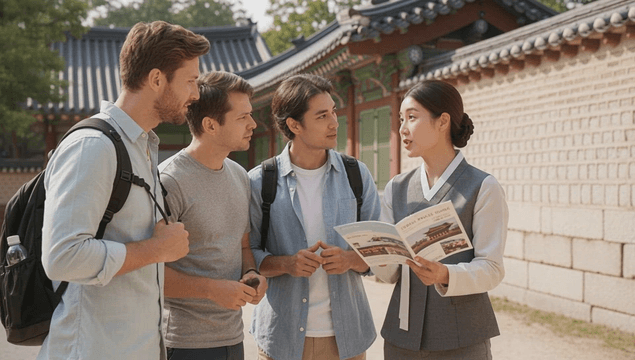 Guide in hanbok explaining to tourists at a traditional Korean landmark