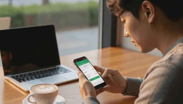Man checking a smartphone app at a cafe