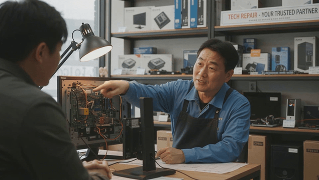 Technician explaining monitor issue at computer repair shop