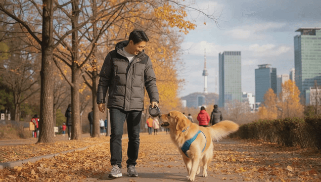 Man walking dog in autumn city park