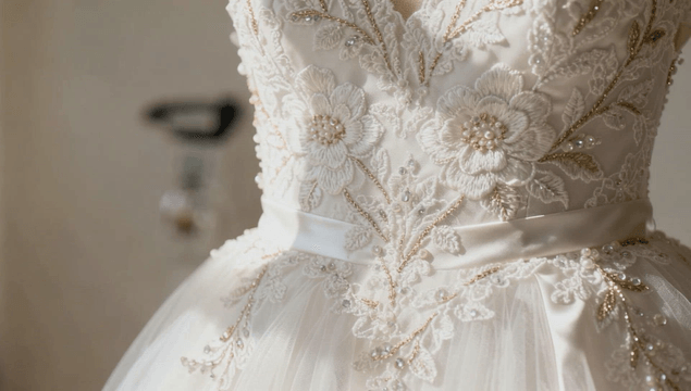 마네킹 위 웨딩드레스의 정교한 자수