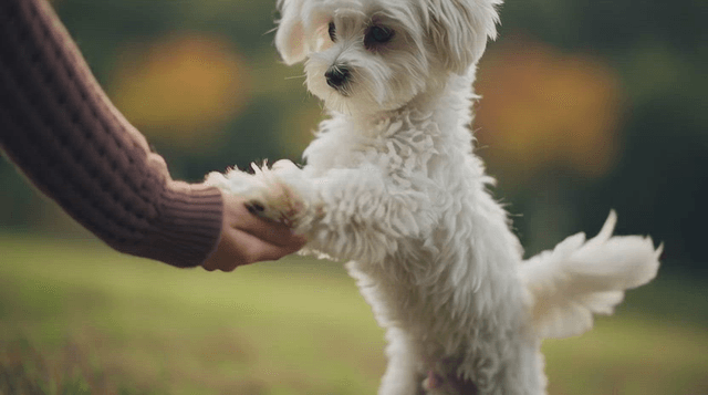 A small white dog playing in a park