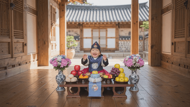Baby’s first birthday party in Korean traditional attire