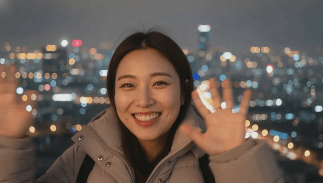 Smiling woman waving toward night city lights