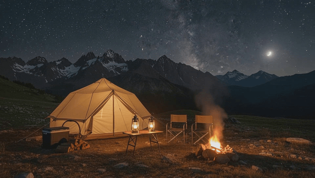 Camping site under a starry night sky