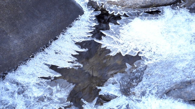 Stream flowing beneath intricate ice patterns