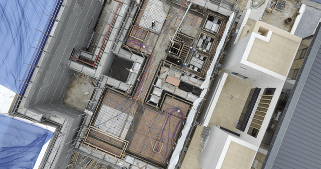 Construction site with scaffolding and materials
