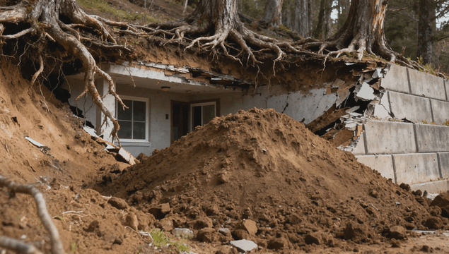 Collapsed earth exposing tree roots and house