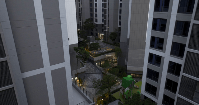 Modern apartment complex at evening