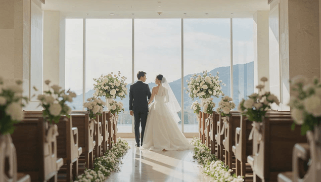 A couple walking down the aisle in a wedding hall