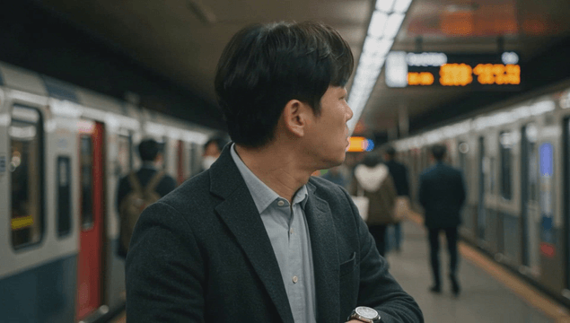 Office worker checking watch at subway station