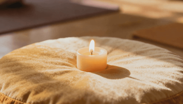Candle on cushion in quiet room