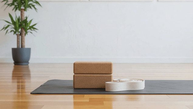Yoga mat and blocks in a serene room