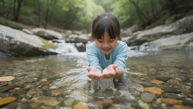 Girl playing joyfully in a clear stream