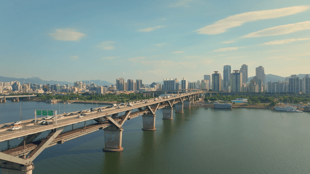 A bustling city with a busy bridge