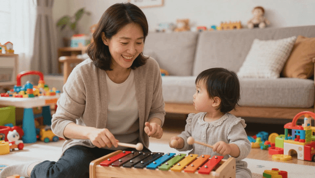 Baby playing xylophone with mother in living room