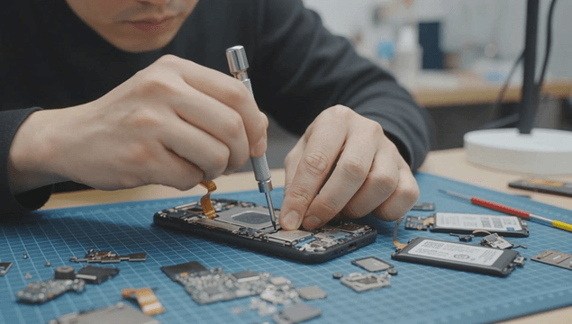 Person repairing a smartphone on a desk