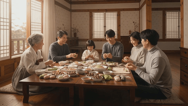 Family gathered to make songpyeon during Chuseok